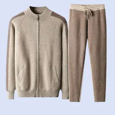 Men's camel coloured cashmere wool blend knitted cardigan suit with half turtleneck zip-up top and matching trousers