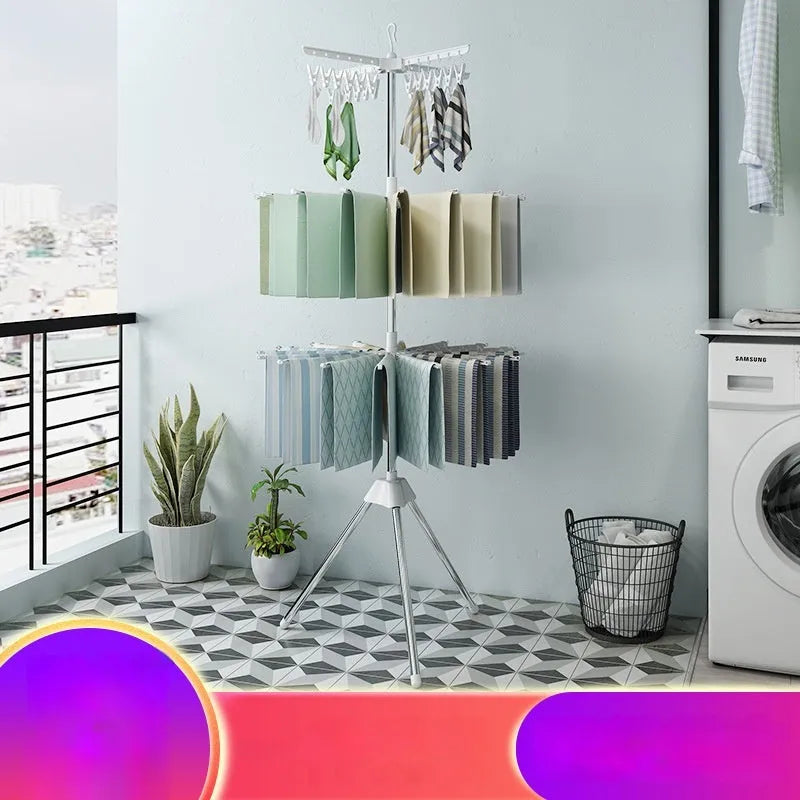 Three-layer stainless steel mobile drying rack with plastic clips for socks and ties