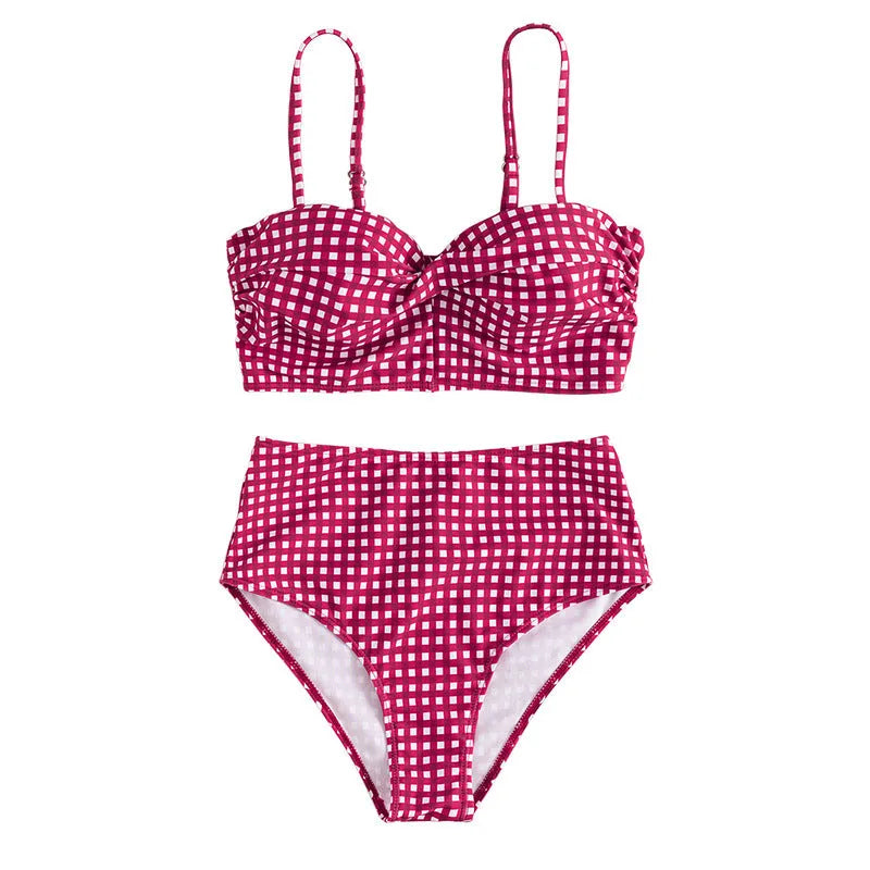 Women's high waisted plaid bikini swimsuit in rose red, showing tops and briefs.