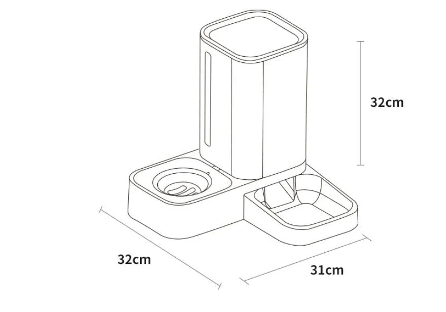 Pet automatic water storage double plastic bowl in grey, side view, 32x31x32cm