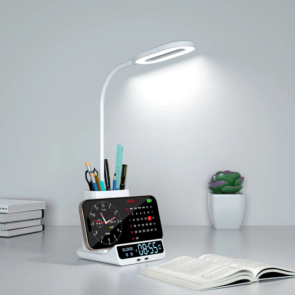 Modern wireless charging desk lamp with integrated pen holder and storage compartment.