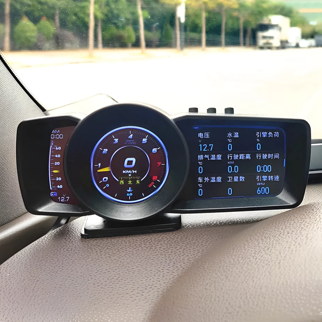 A600 OBD2 driving computer with 4.3-inch screen showing vehicle diagnostics and navigation data