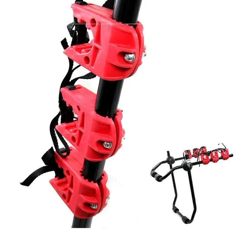 Black and red trunk-mounted bicycle rack with iron frame and choice of tie rope or pull belt straps
