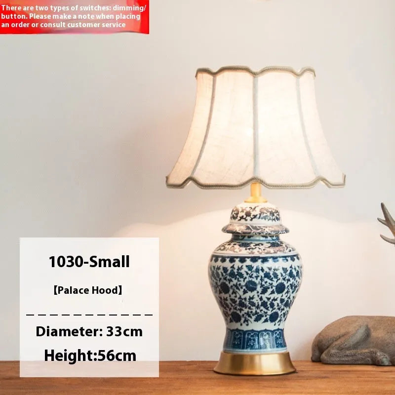 Chinese blue and white porcelain table lamp with handmade ceramic shade and cloth cover
