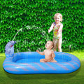 Blue dinosaur shark water spray pool measuring 170cm long with children playing