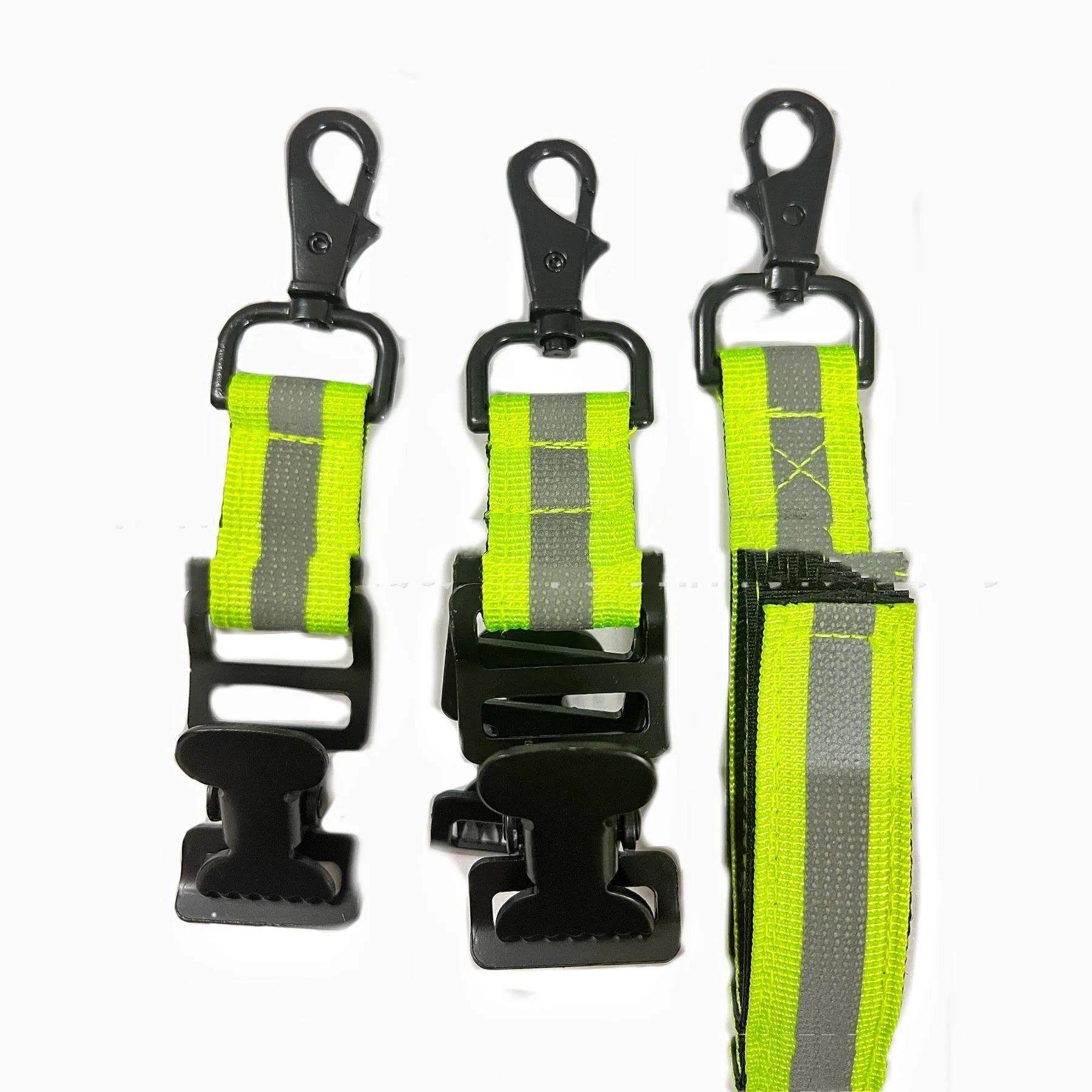 Fluorescent green metal gloves safety clip with reflective elements and buckle, shown as a single unit.