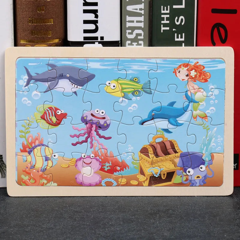 80-piece wooden animal puzzle set in iron box, designed for children aged 3 and over, featuring bear and riding themes