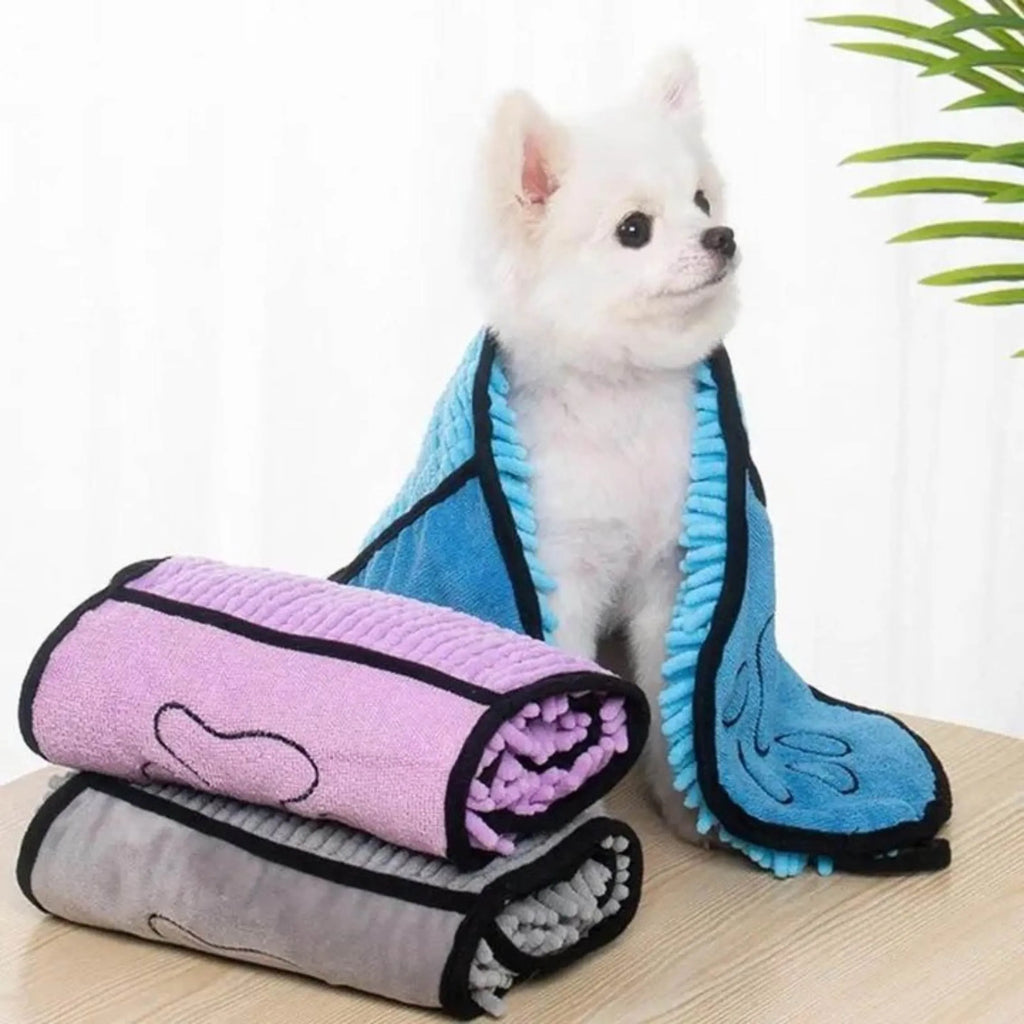 Blue pet bathrobe towel for drying dogs and cats, shown flat at 62cm by 23cm.