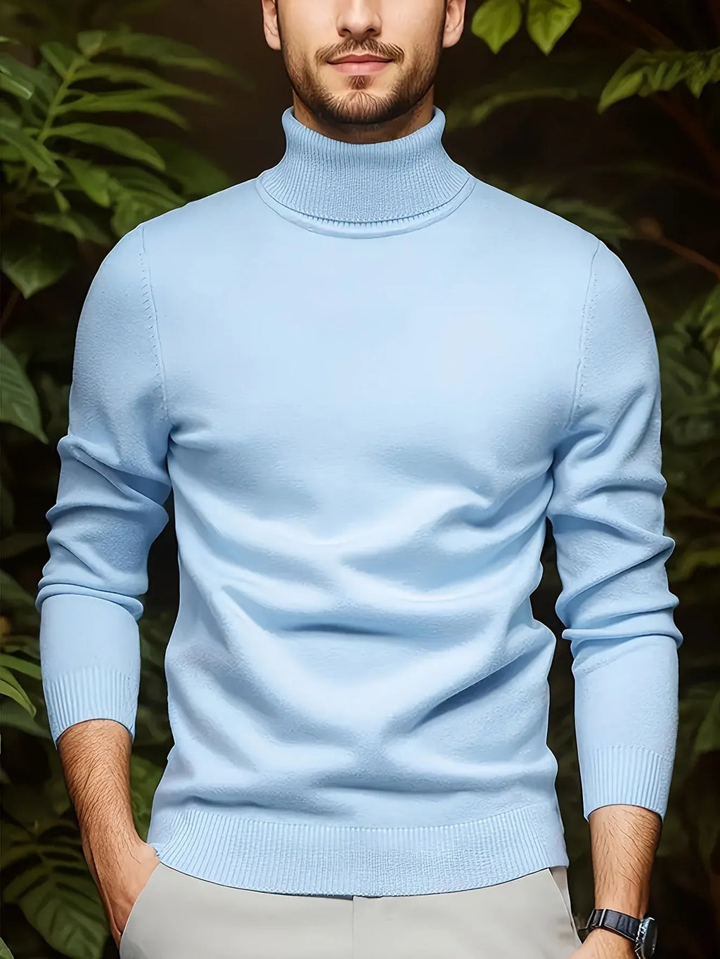 Men's solid colour soft viscose turtleneck sweater in black, front view