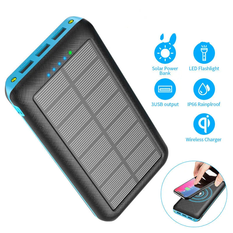 Portable power bank with wireless charging pad and three USB ports in black plastic casing