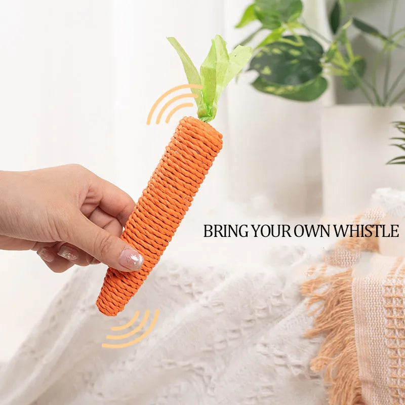 Interactive cat toys set showing carrot bites paper toys, ringing stones, cat sticks, and dental grinding sticks