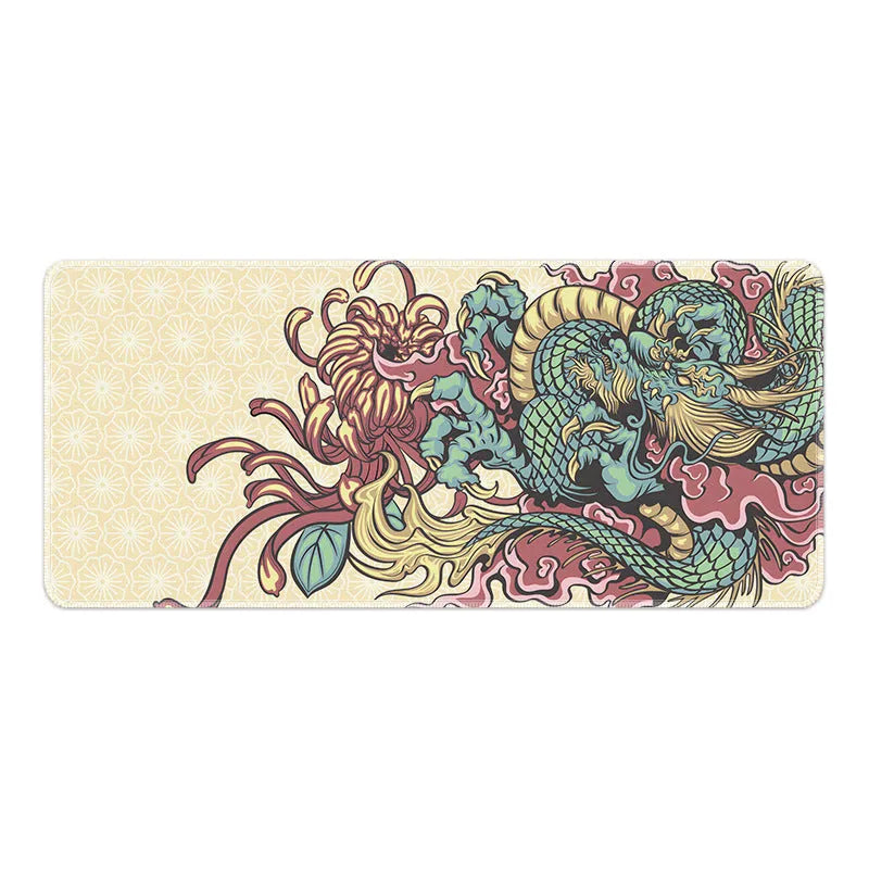 Dragon pattern cloth mouse pad with anti-slip backing showing three artwork variations on desk