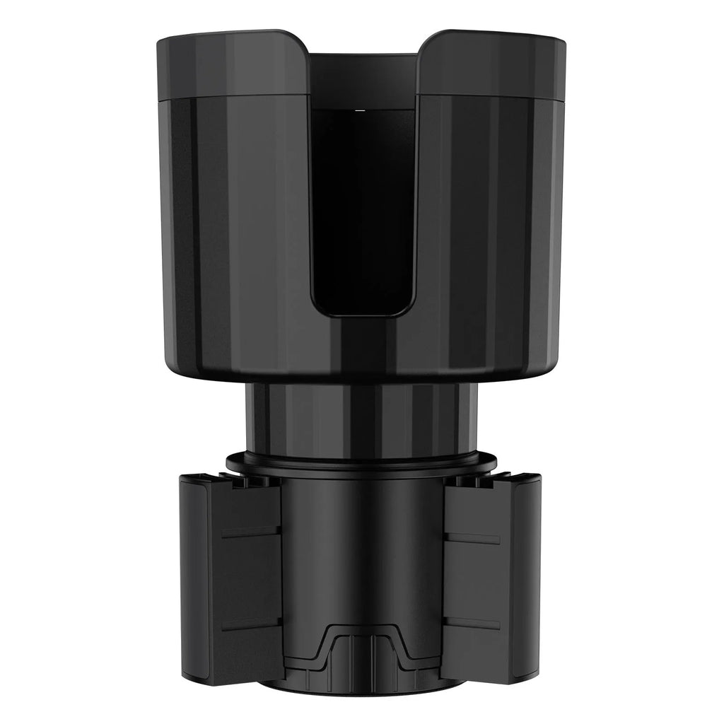 Matte black car cup holder expander with adjustable base for large bottles and cups.