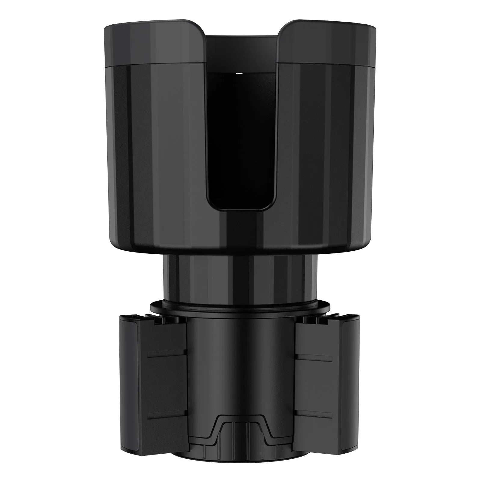 Matte black car cup holder expander with adjustable base for large bottles and cups.