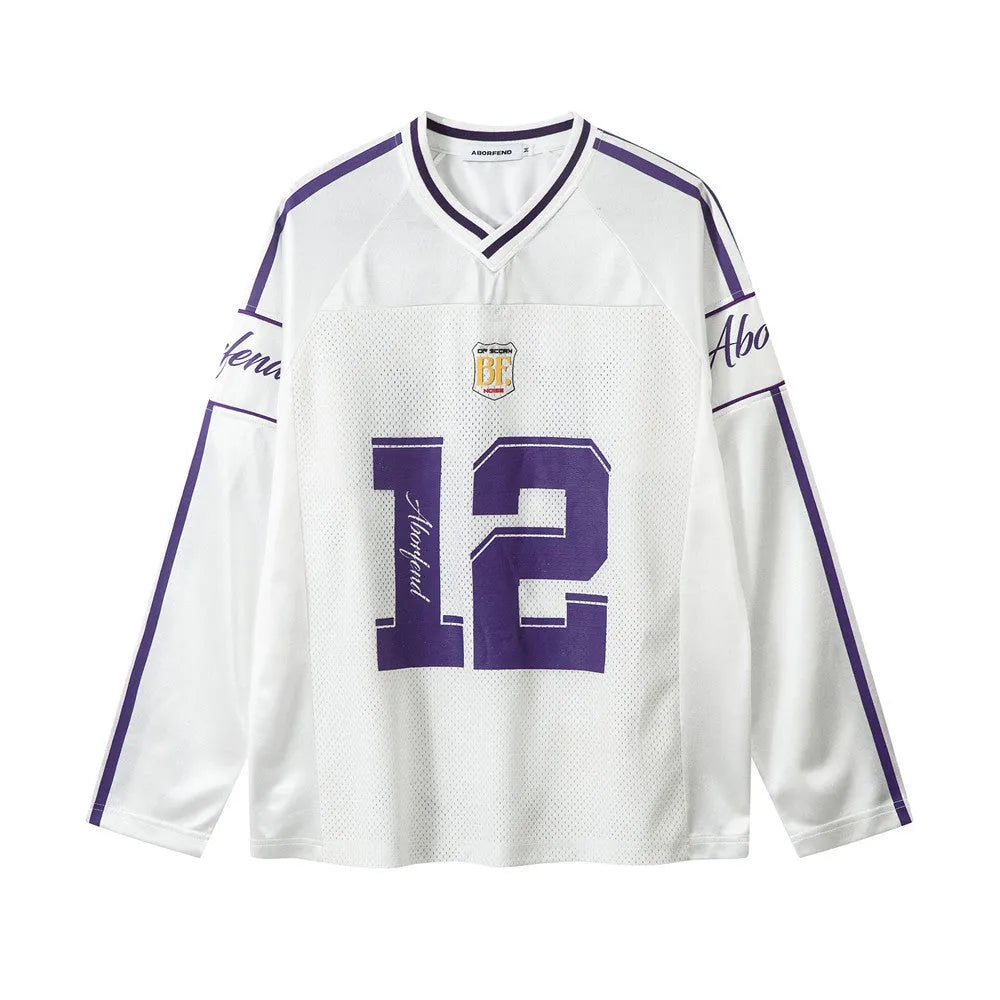 Long-sleeved t-shirt with digital print contrast colour design and V-neck styling in polyester jersey fabric