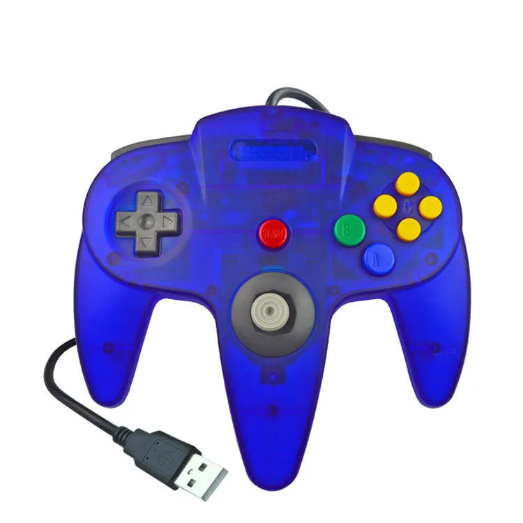 USB N64 computer game controller for PC in various colours including transparent blue, green, and red.