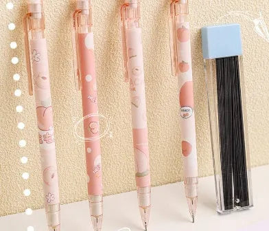 Peach plastic automatic pencil press 0.5mm lead with refills, no sharpening required