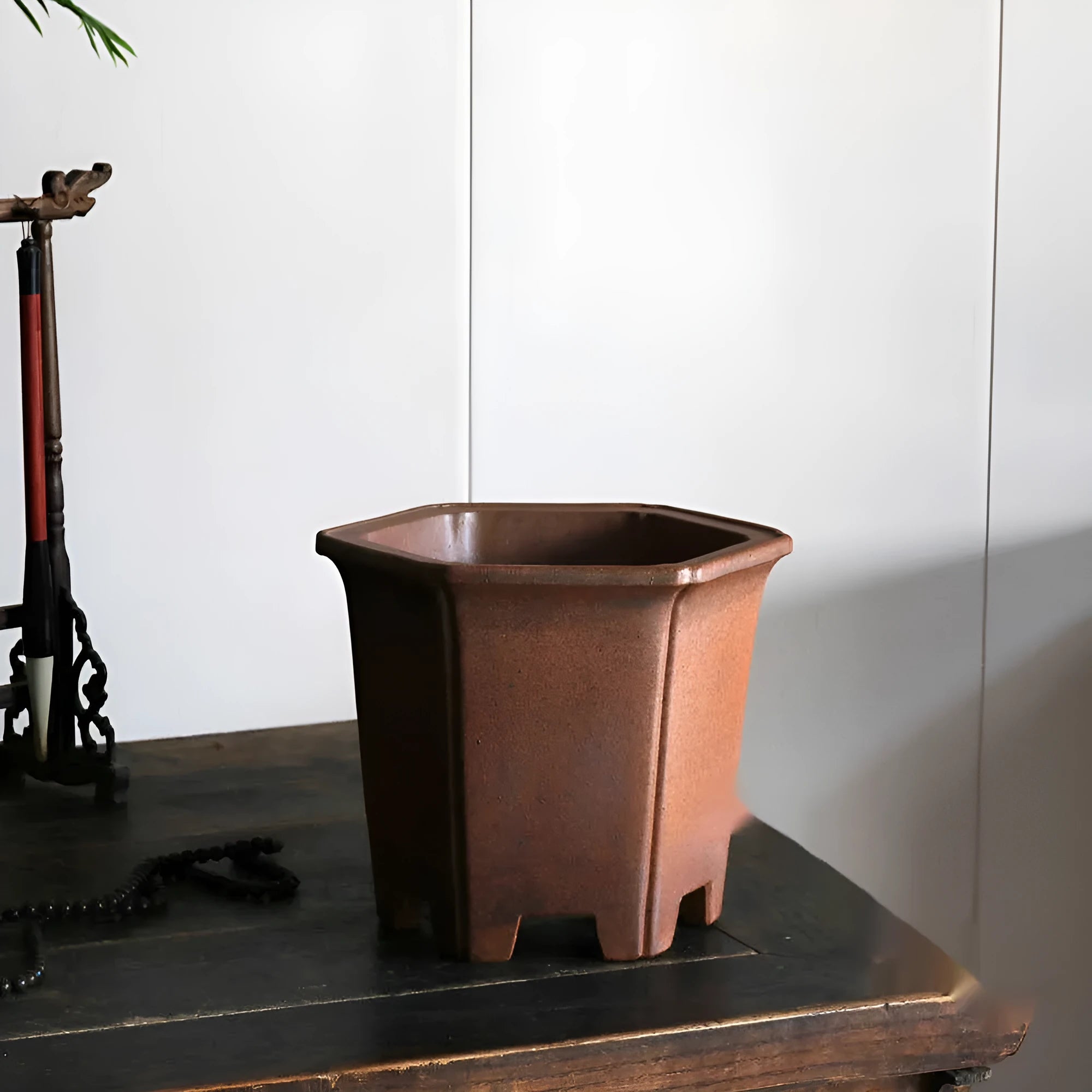 Handmade raw clay firewood kiln-changed hexagonal flower pot brown purple clay inner diagonal 18.5cm