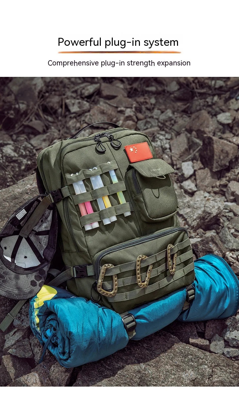 Army Green waterproof tactical backpack showing 17-inch size and main compartment
