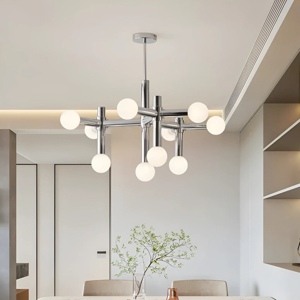 Creative bean-shaped Nordic chandelier with 10 chrome-plated heads, wrought iron and glass construction