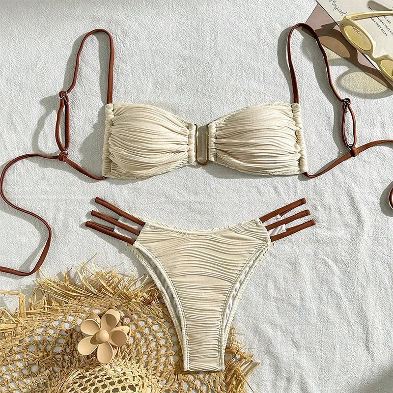 Women's polyester three-point bikini set in khaki with striped pattern, front view