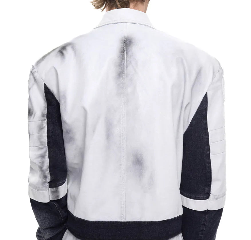 Men's short leather patchwork denim coat with hand-painted spray details, front zip, and lapel collar