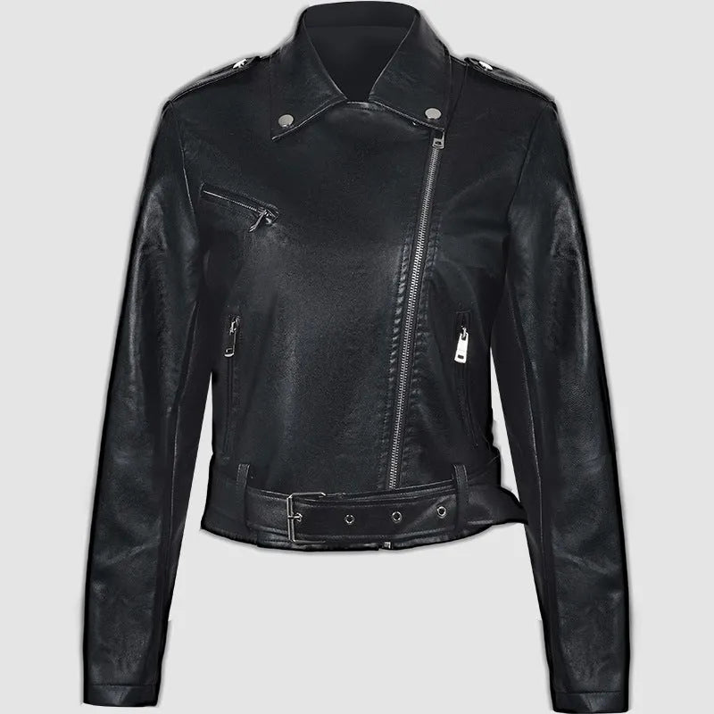 Red women's PU leather motorcycle jacket with a silver lapel short belt fastened at the waist.