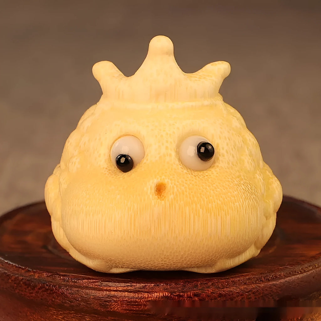 Solid bamboo carving of a cute Crown Princess toad ornament with 5.0 live eye detail.