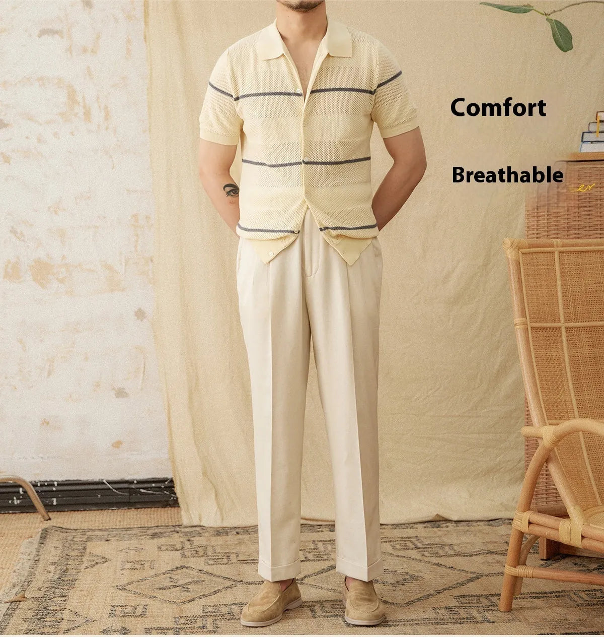 Casual lapel cardigan in thin cotton linen blend fabric, camel colour with short sleeves