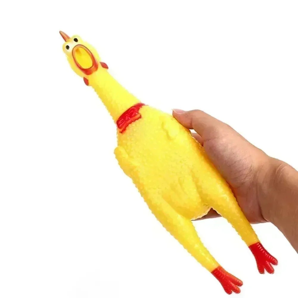 Yellow rubber screaming chicken dog squeak toy in three different sizes.