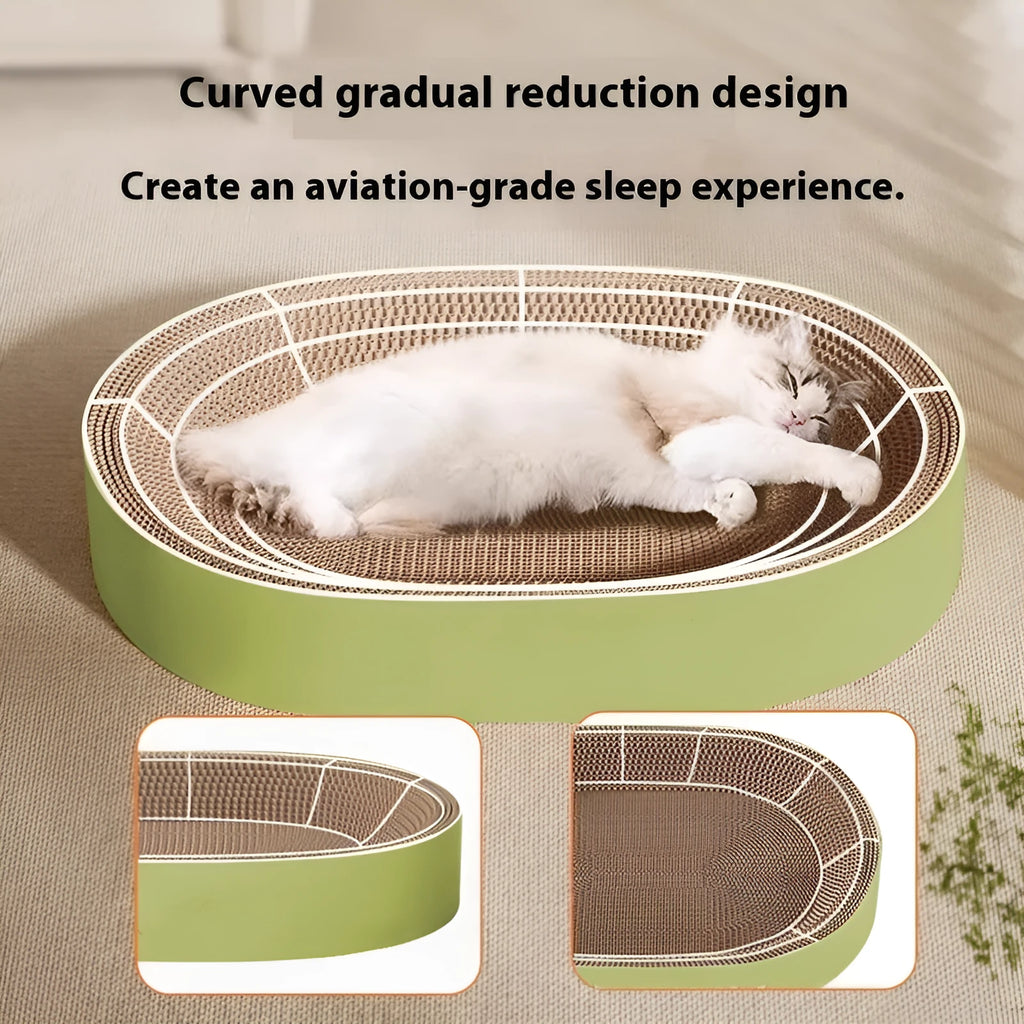 Green oval corrugated paper cat scratch board and nest bed showing 55cm diameter.
