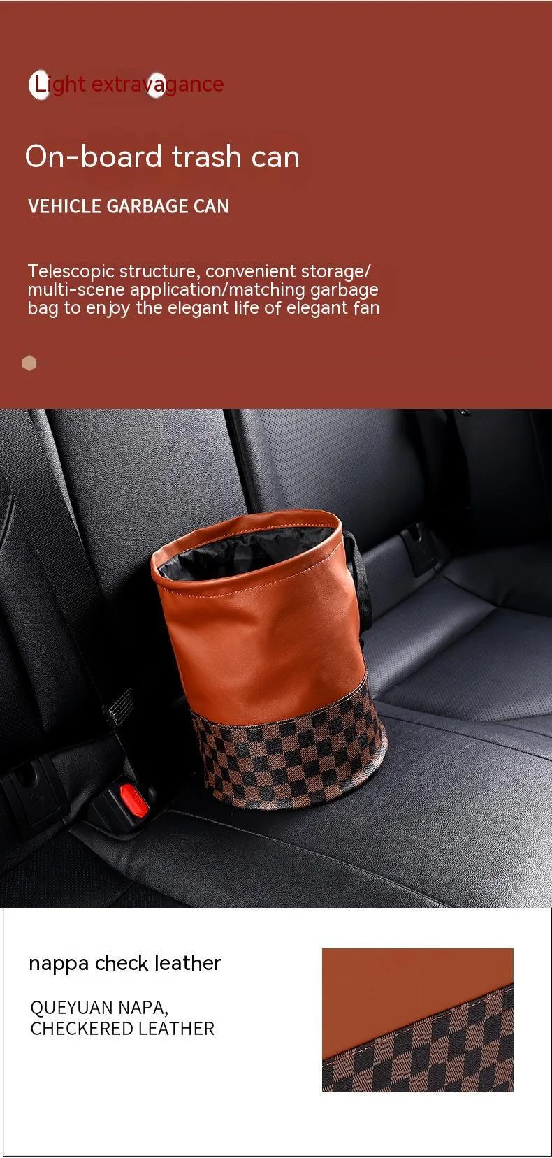 Leather retractable car trash can shown in folded and open states, with handle and waterproof construction.