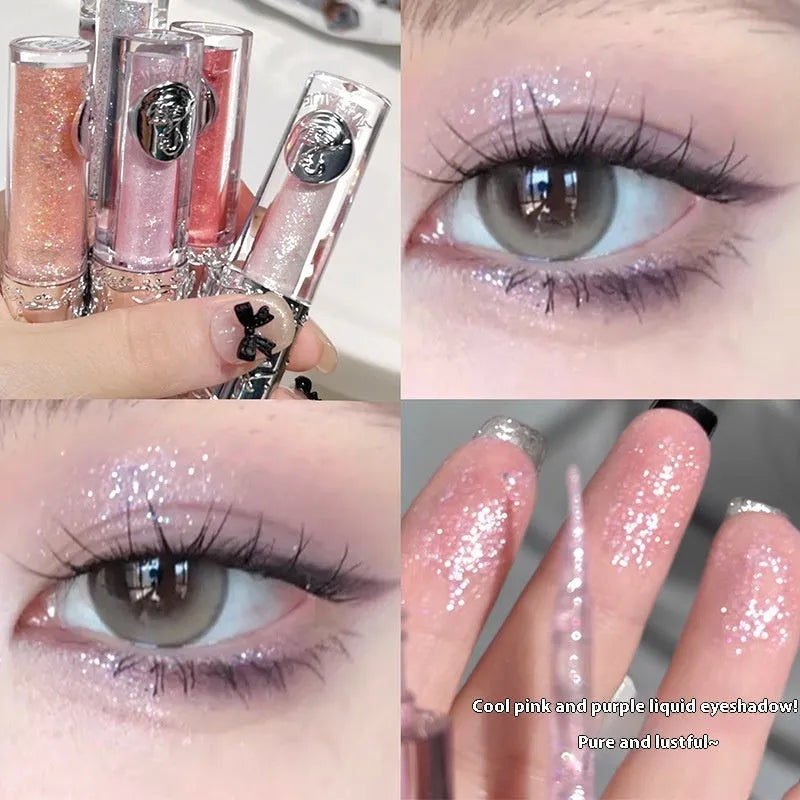 Ballet liquid eye shadow showing five colour options including pink glitter, brown shimmer, purple metallic, nude matte and silver glitter finishes