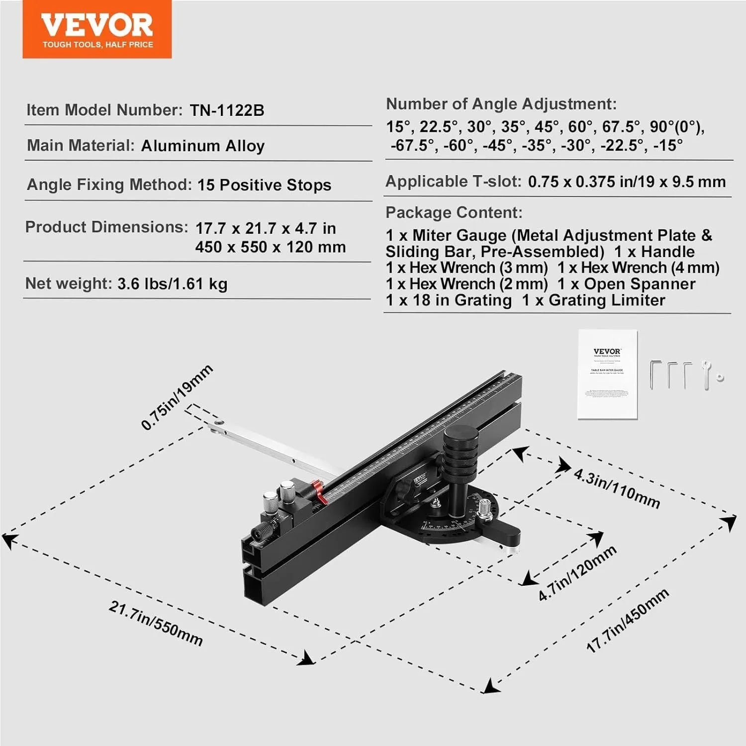 Aluminium alloy woodworking push handle with steel sliding chute for bench saw guiding