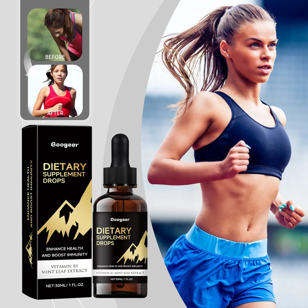 60ml glass bottle of clear dietary supplement drops with a black dropper top