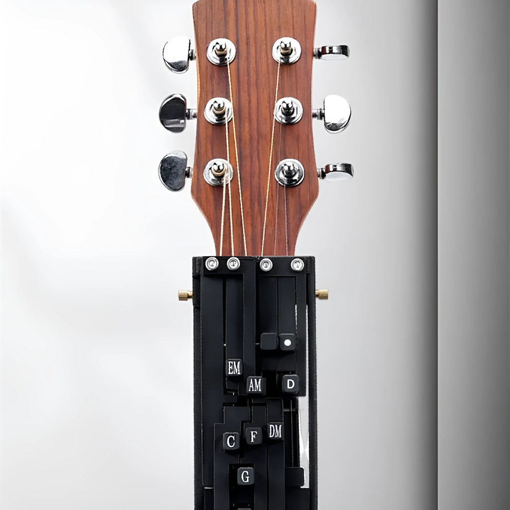 Automatic guitar chord device for beginners clamped on acoustic guitar neck
