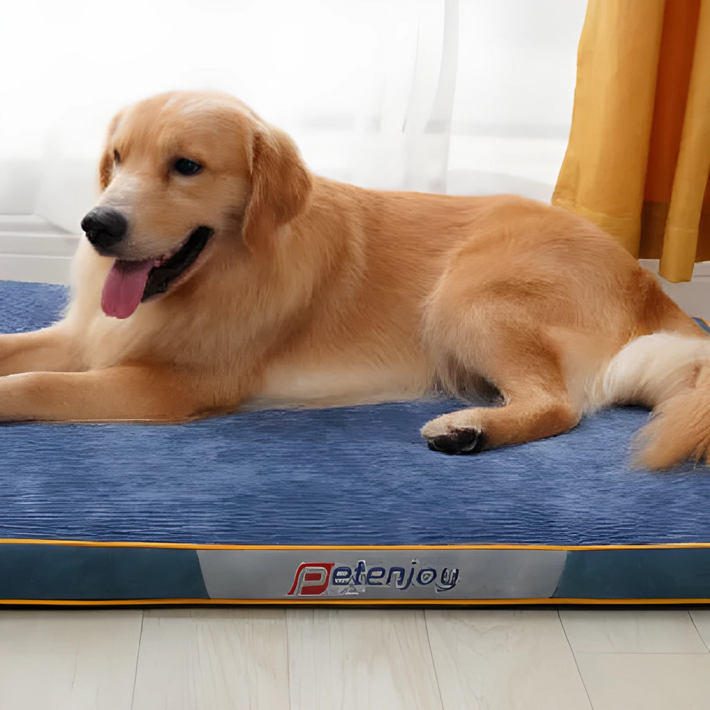 Oxford cloth waterproof scratch-resistant dog bed mat in Oxford blue, showing wooden base and size options for small to large dogs