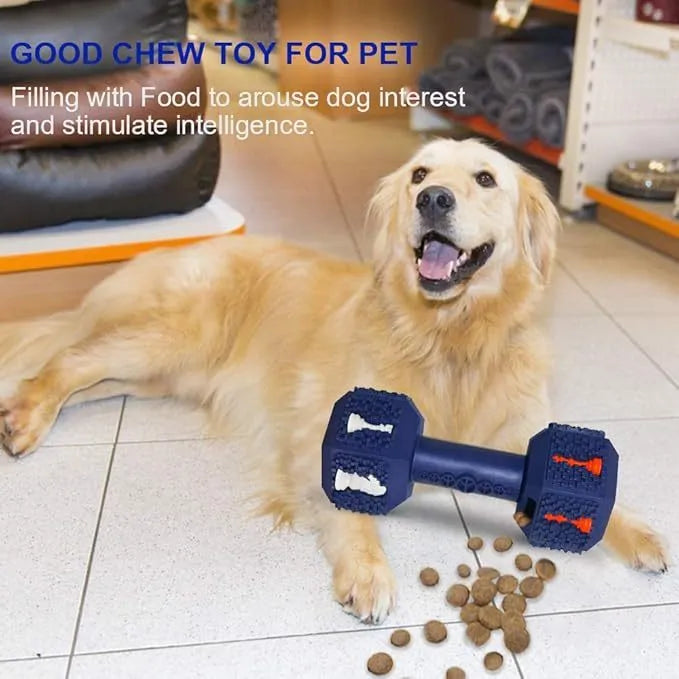 A black and blue durable rubber dumbbell-shaped dog chew toy on a white background.