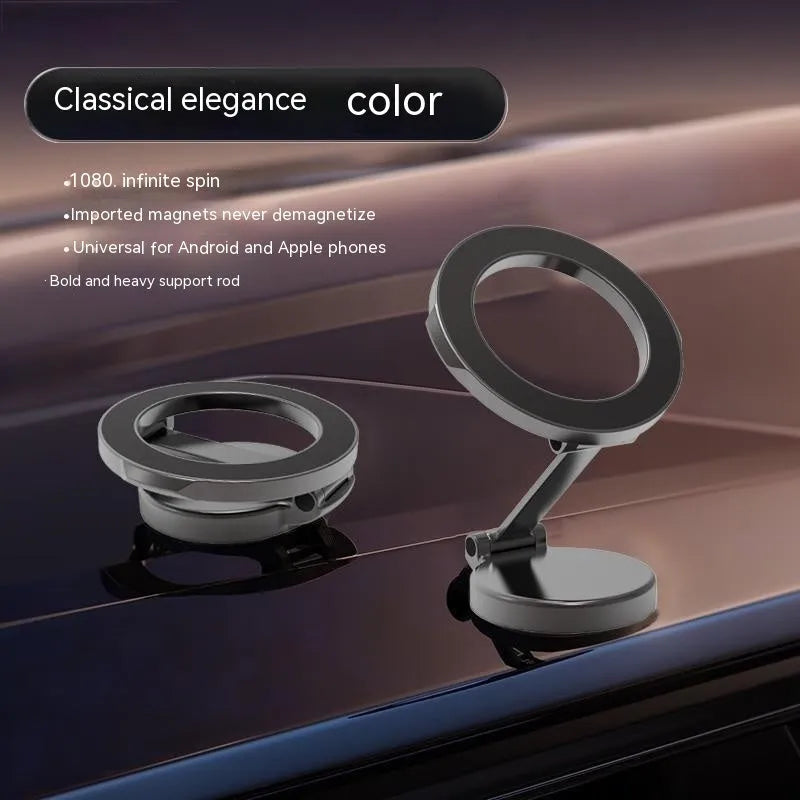 Black all-metal magnetic car phone mount with foldable bracket on vehicle dashboard