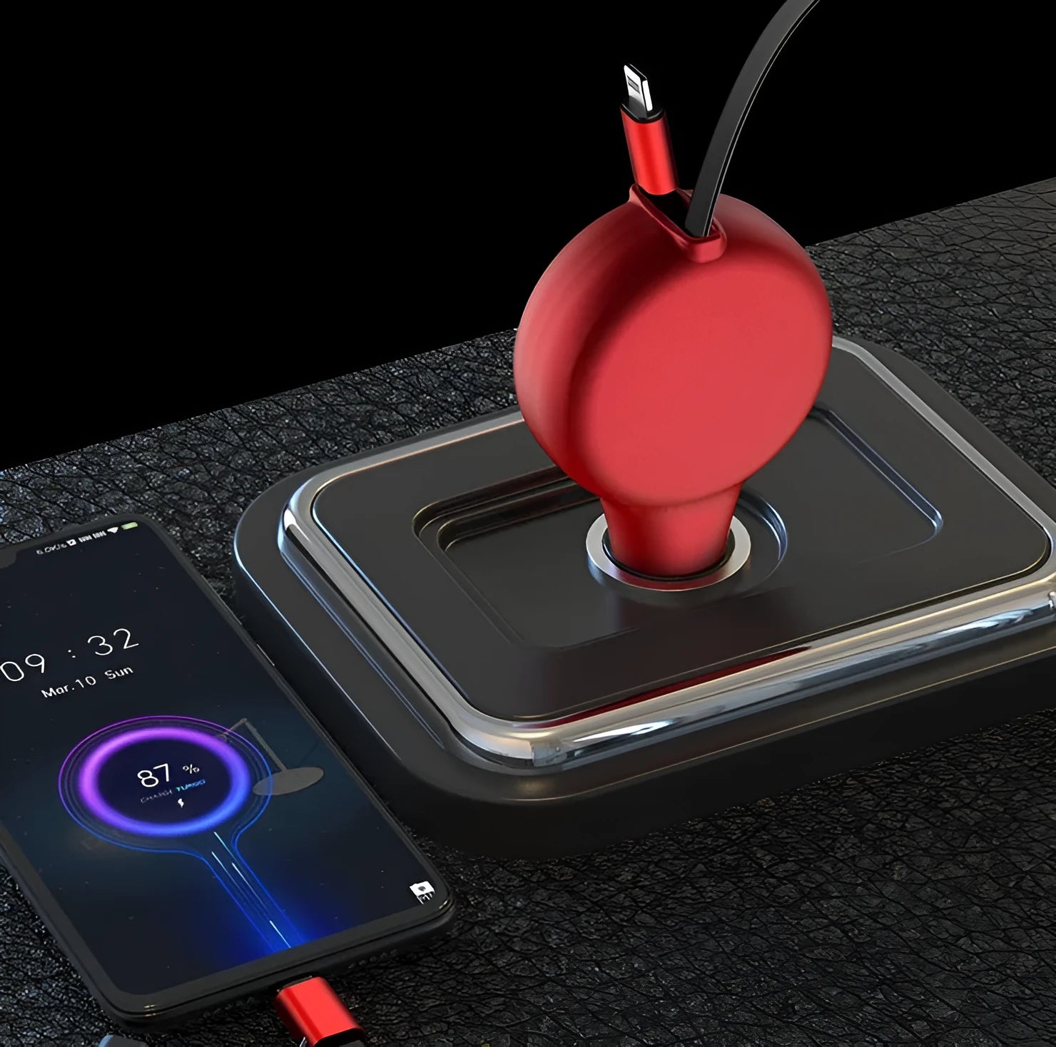 Retractable dual USB-C car fast charger with extended cable in black colour