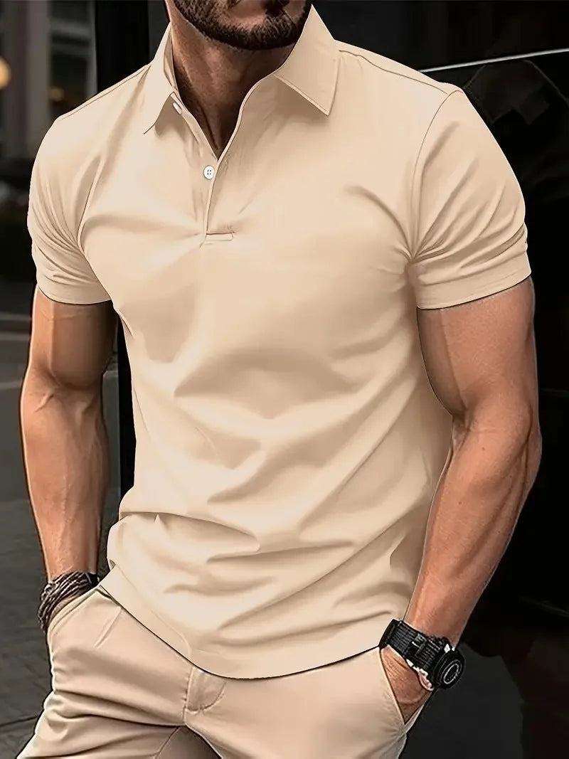 Men's slim fit solid colour cotton blend short sleeve button-down shirt on a hanger.