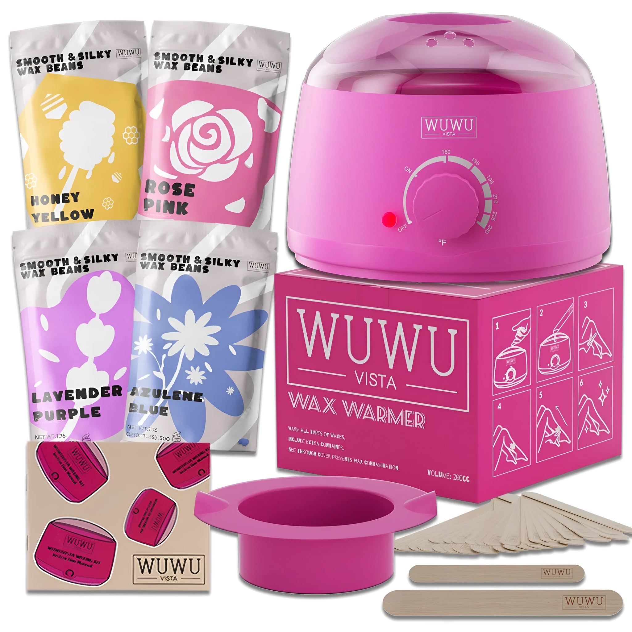 27-piece hair removal wax kit with wax heater machine, four coloured wax bead bags, and wax sticks for face and body application
