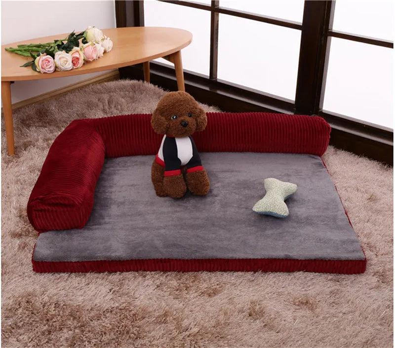 Corduroy bolster dog bed with non-slip base in grey, showing S M L XL size comparison.