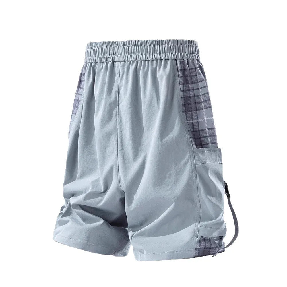 Men's loose fit cargo shorts with plaid stitching in black, light grey, or smoky grey.