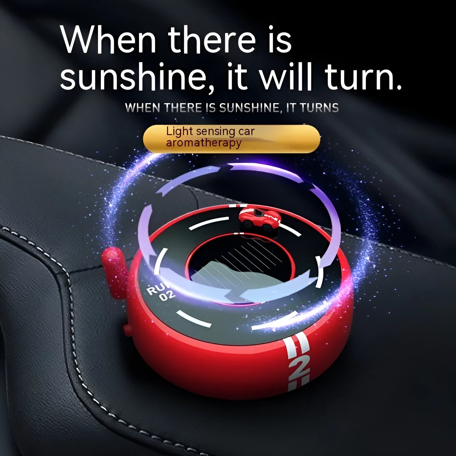 Round black solar-powered car perfume diffuser with USB port on a car dashboard.