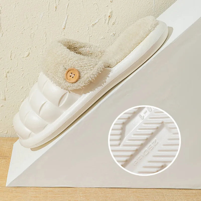 Women's pink detachable sole plush house slipper with round toe and flat heel