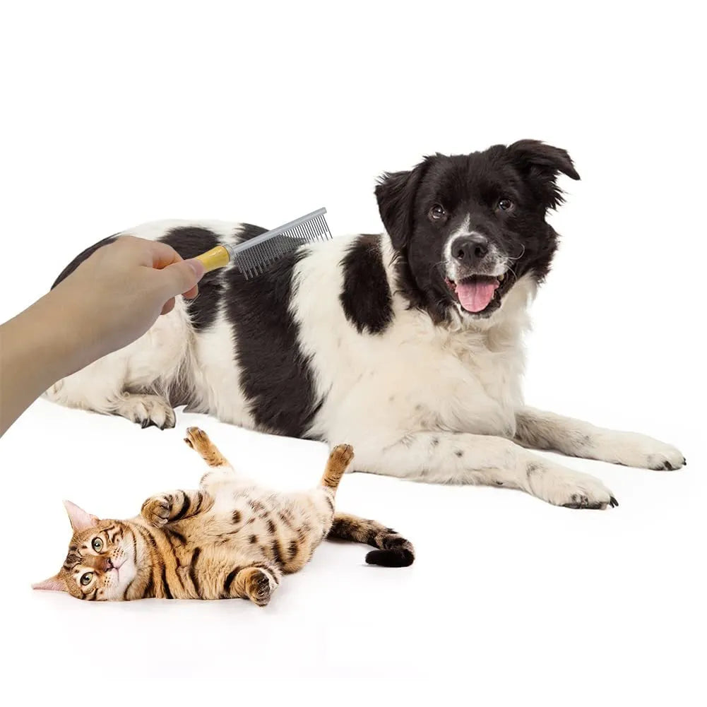 Wooden handled pet grooming comb with round-tipped teeth, shown next to a dog.