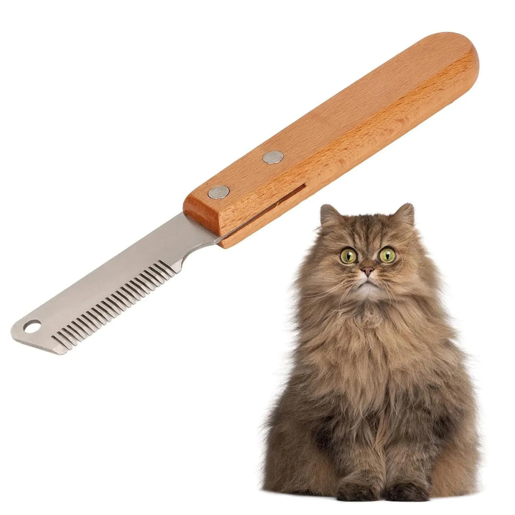 Pet stripping comb with wood handle showing long and short size options for dog and cat grooming