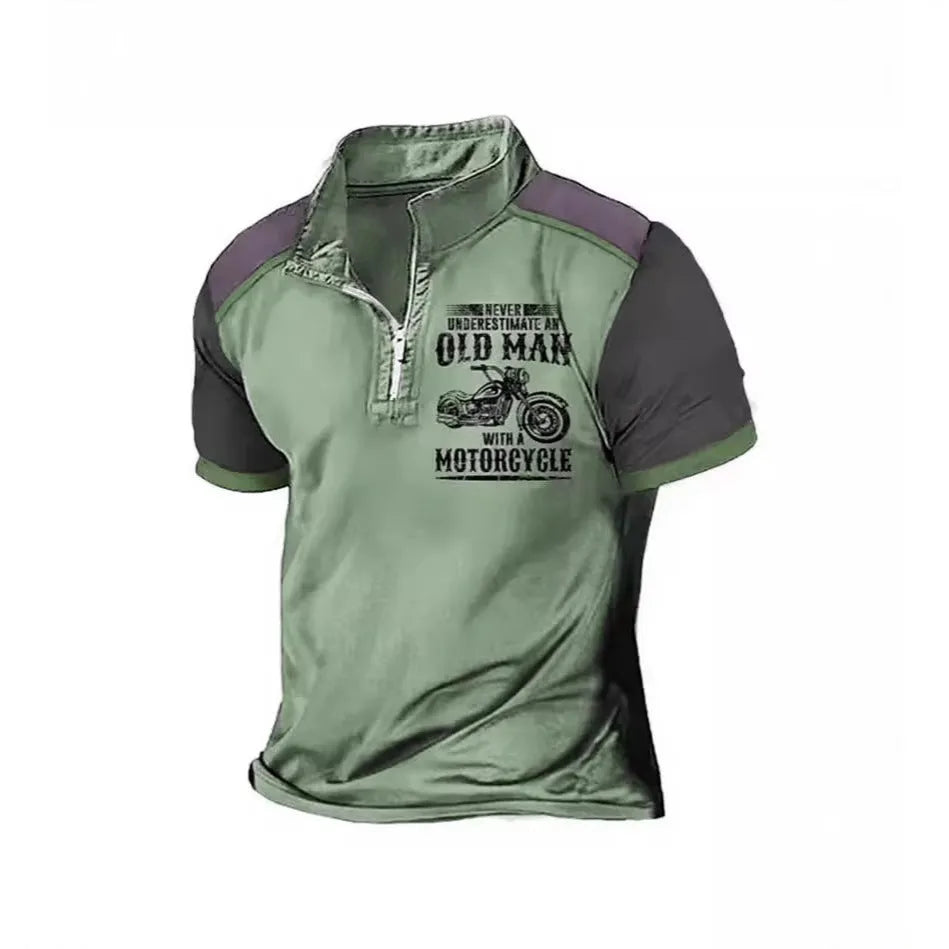 Men's casual polo shirt with digital letter pattern and zipper decoration on the lapel.