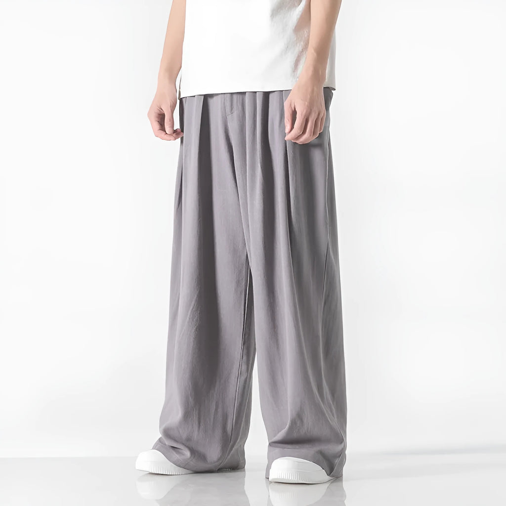 Men's linen straight casual trousers in beige, drawstring waist, crumple texture, full length view